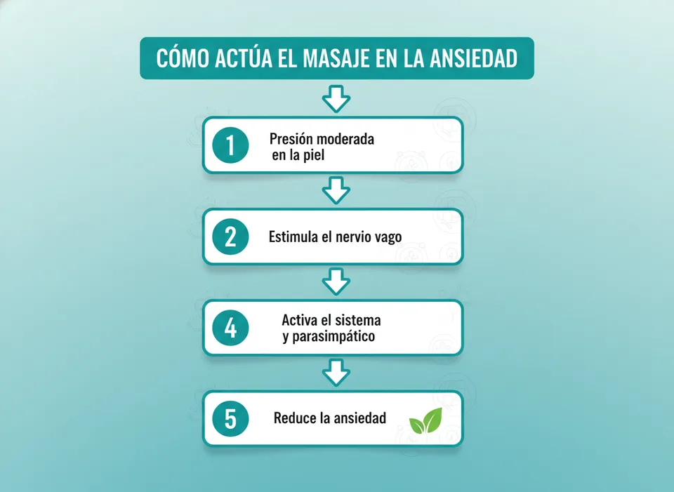 Infografía: cómo actúa el masaje sobre la ansiedad — mecanismo fisiológico nervio vago