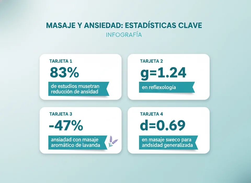Estadísticas clave: masaje y ansiedad — 83%, g=1.24, -47%, d=0.69